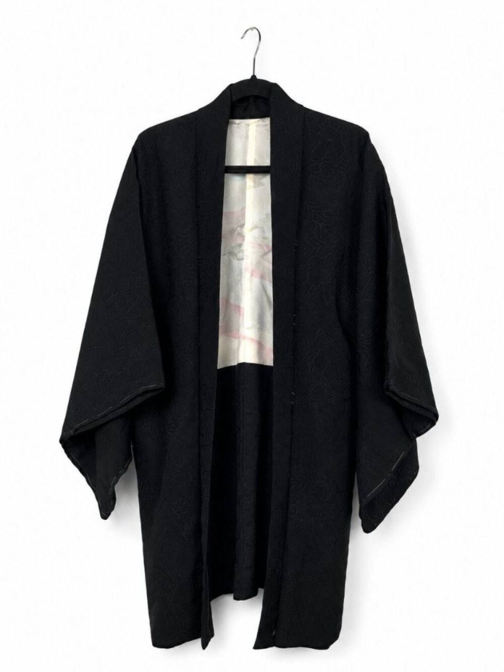 Vintage Black Silk Kimono Haori Jacket Floral Jacquard Fully Lined JapaneseStyle